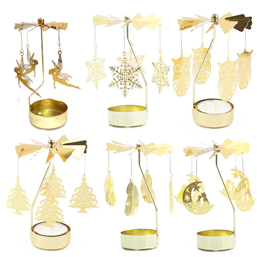 A collection of gold rotating candle holders featuring various decorative designs and shapes for tealights.