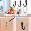 Image showing wall mounted hooks and operation steps for installing rustproof zinc alloy hooks on a wooden surface.