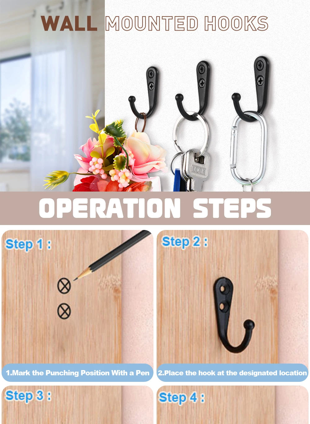 Image showing wall mounted hooks and operation steps for installing rustproof zinc alloy hooks on a wooden surface.