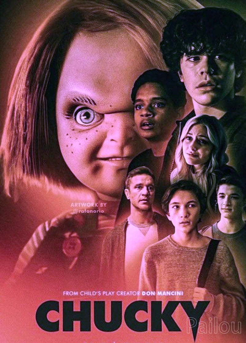 A movie poster featuring Chucky with several other characters in a horror theme.