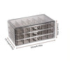 Clear acrylic jewelry organizer with three drawers, measuring 11cm high and 24cm long.