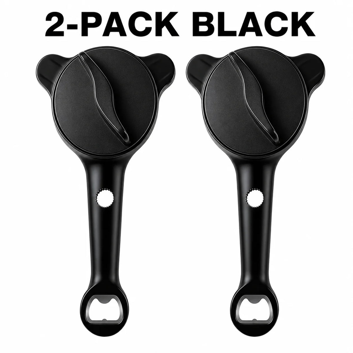 A pair of black multifunctional jar and bottle openers with adjustable grips.