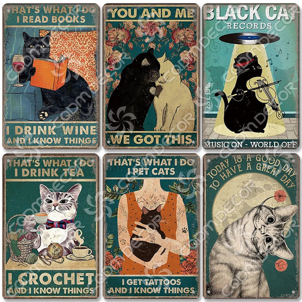 A grid of vintage metal wall decor featuring cats and various activities like reading books, drinking wine, and knitting.