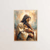 Oil painting depicting Jesus Christ embracing a woman with warm, golden light.