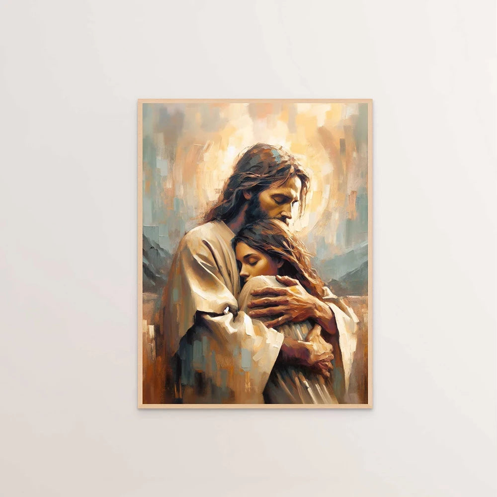 Oil painting depicting Jesus Christ embracing a woman with warm, golden light.