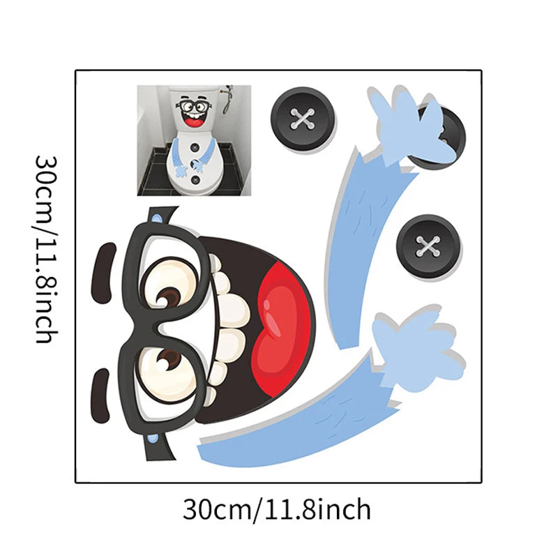 A funny cartoon face decal of an open mouth and eyes on a toilet, shown next to the product dimensions.