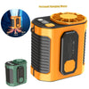 Ventilateur portable orange à suspension avec housse de protection et batterie verte séparée.