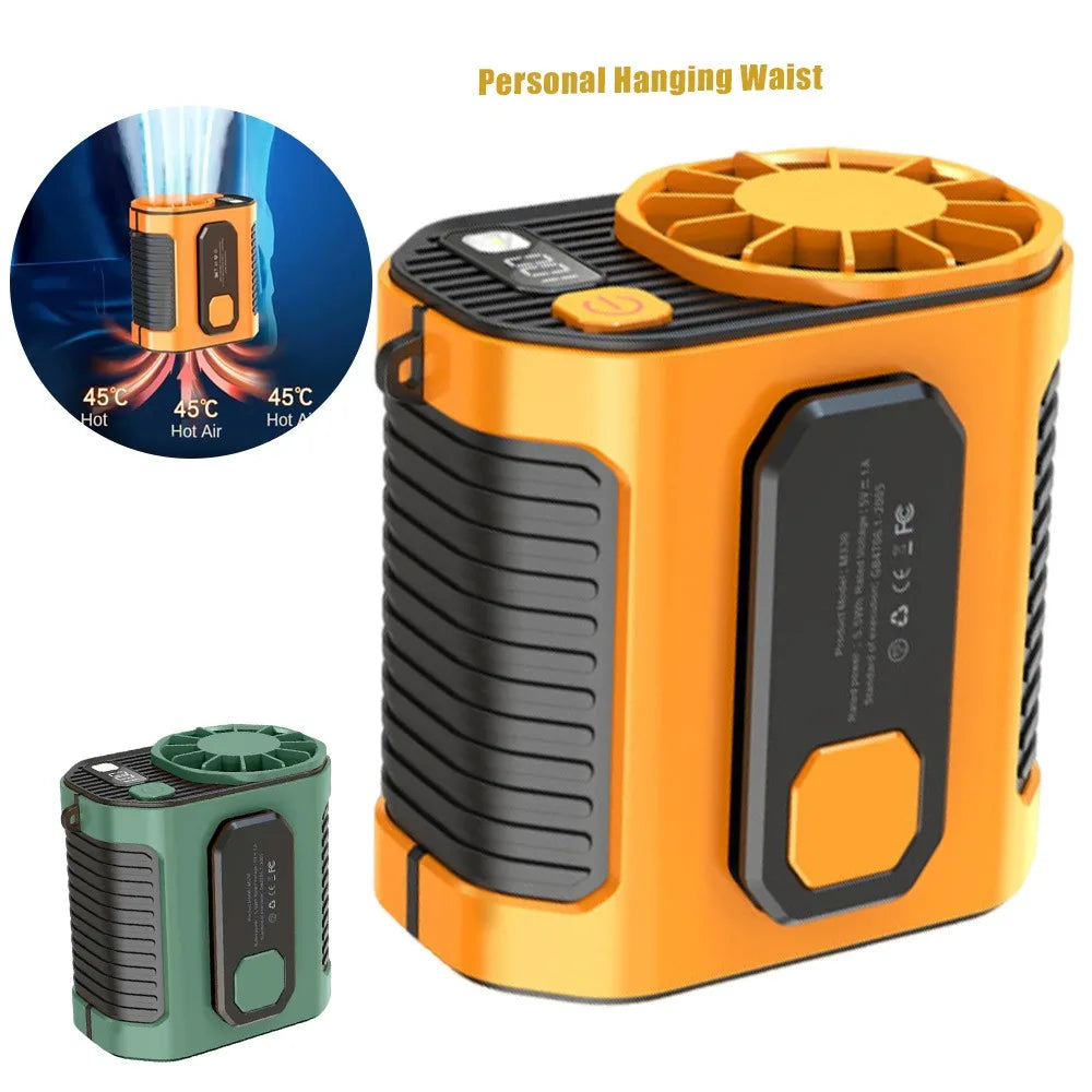 Ventilateur portable orange à suspension avec housse de protection et batterie verte séparée.