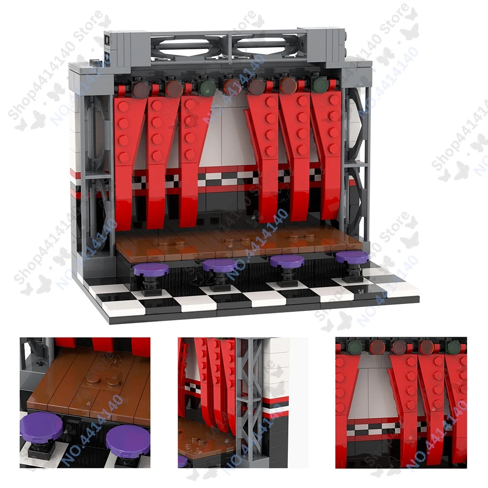A detailed building block model of a Five Nights at Freddy's structure featuring red and black elements.