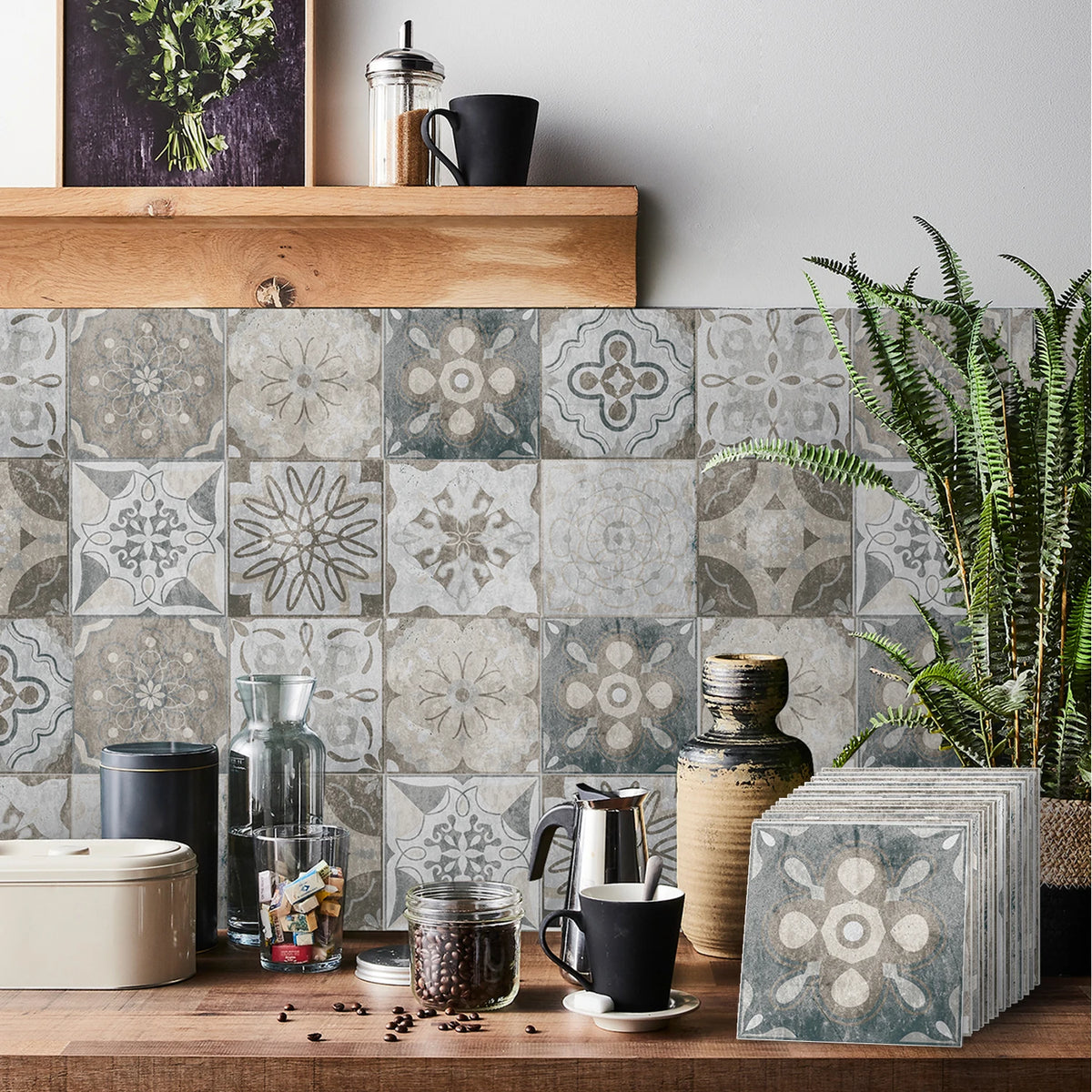 A rustic wooden shelf displays self-adhesive tile wall stickers in various shades on a countertop.