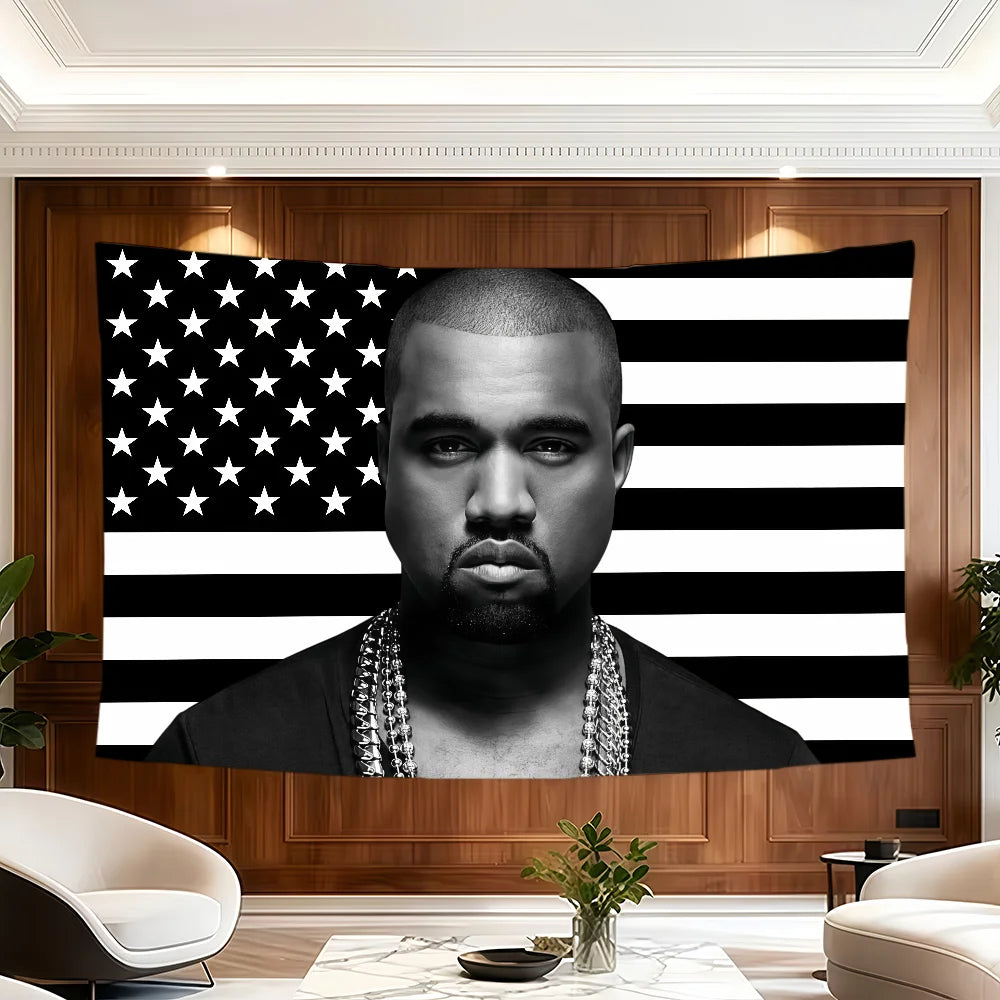 A banner featuring a portrait of Kanye West against an American flag background for decor.