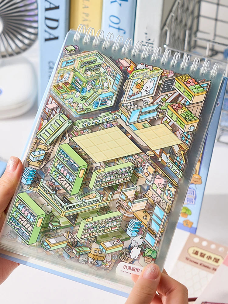A clear sticker book filled with detailed kawaii miniature 3D scenes and buildings for kids.