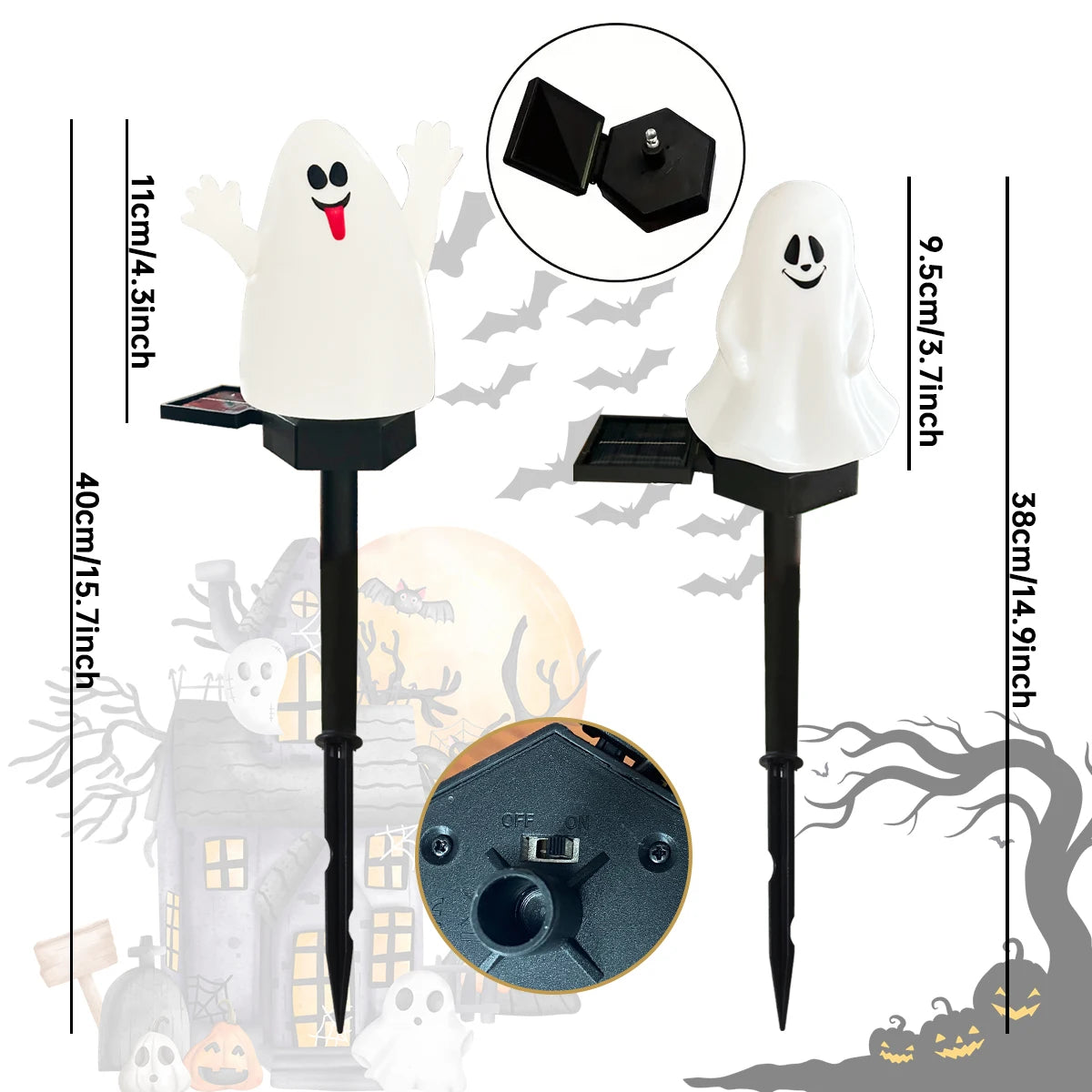 Ensemble de lumières poteaux blanches à énergie solaire pour décoration de jardin d'Halloween, vues variées et gros plan