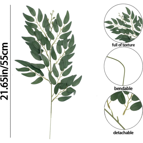 A sprig of artificial Italian Ruscus greenery showing full texture, bendable stems, and detachable leaves.