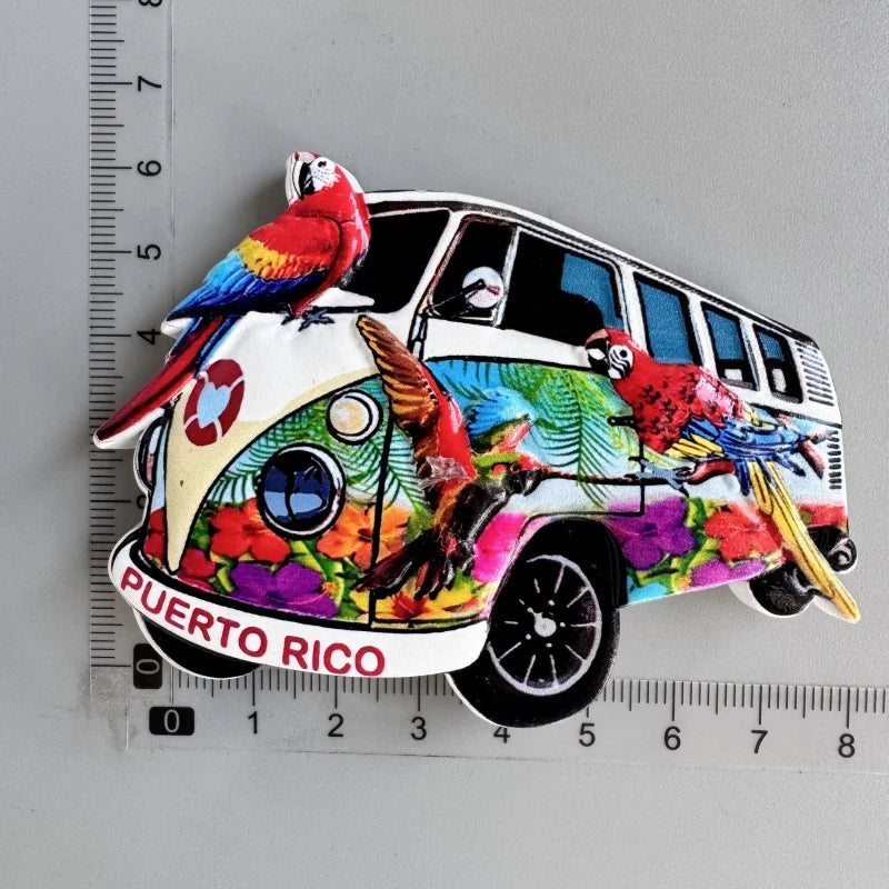 A colorful illustration of a red bird on the front of a vintage van, used as a fridge magnet.