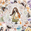 A collection of cute doodle stickers featuring anime-style characters and animals on a light background.