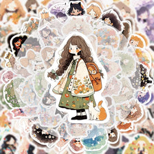 A collection of cute doodle stickers featuring anime-style characters and animals on a light background.