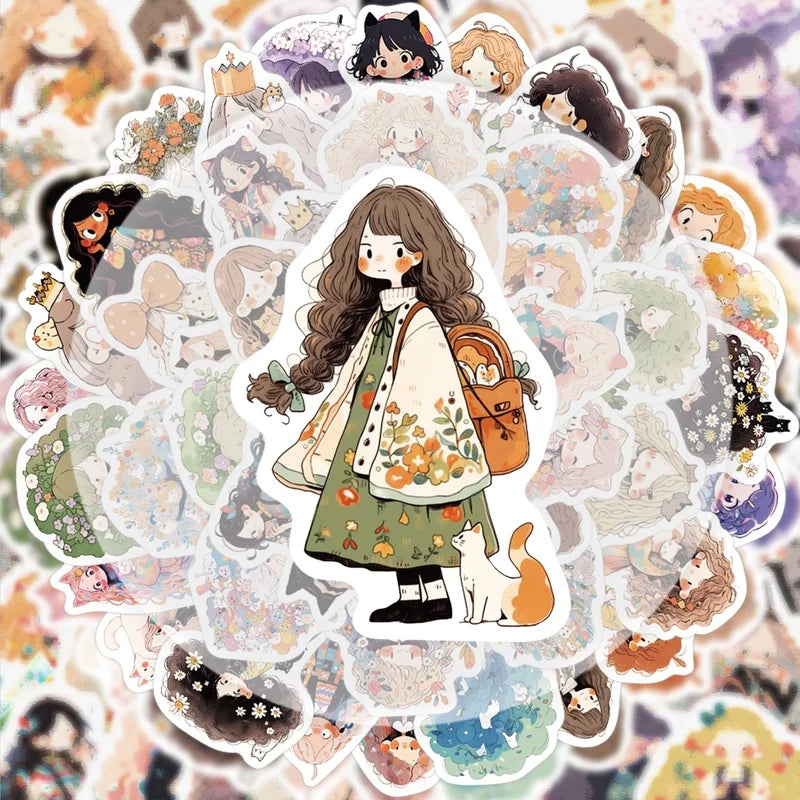 A collection of cute doodle stickers featuring anime-style characters and animals on a light background.