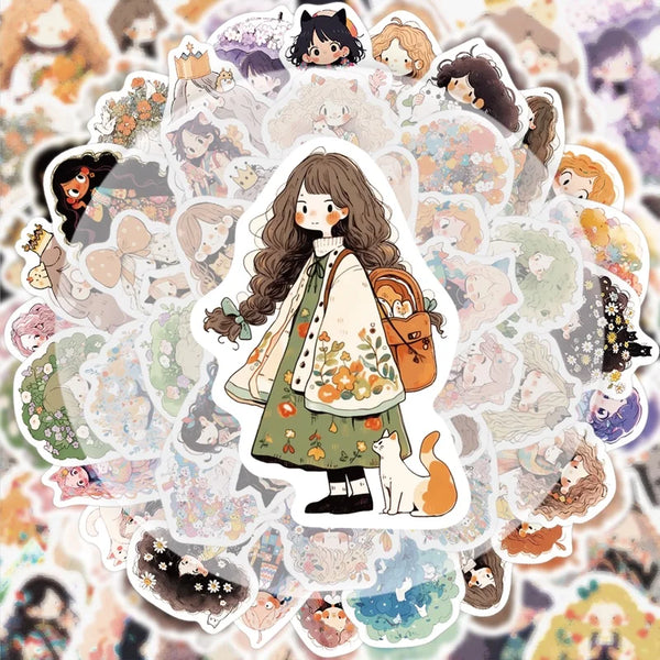 A collection of cute doodle stickers featuring anime-style characters and animals on a light background.