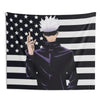 A portrait of a character with white hair and a black mask against an American flag background.