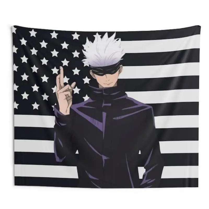 A portrait of a character with white hair and a black mask against an American flag background.