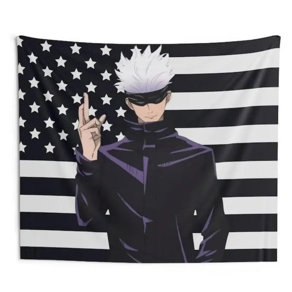 A portrait of a character with white hair and a black mask against an American flag background.