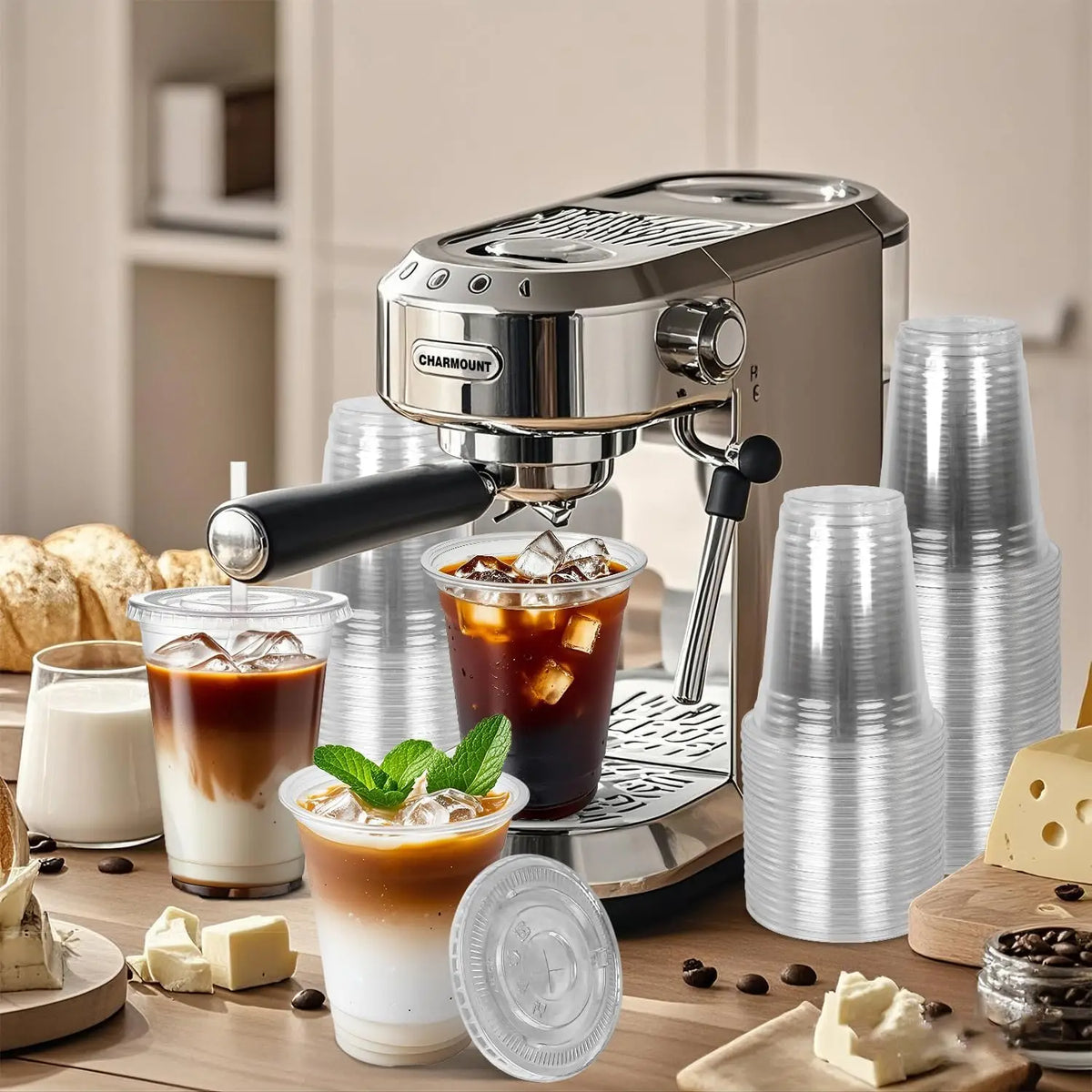 A silver espresso machine is shown next to several disposable plastic cups with lids and straws on a wooden surface.