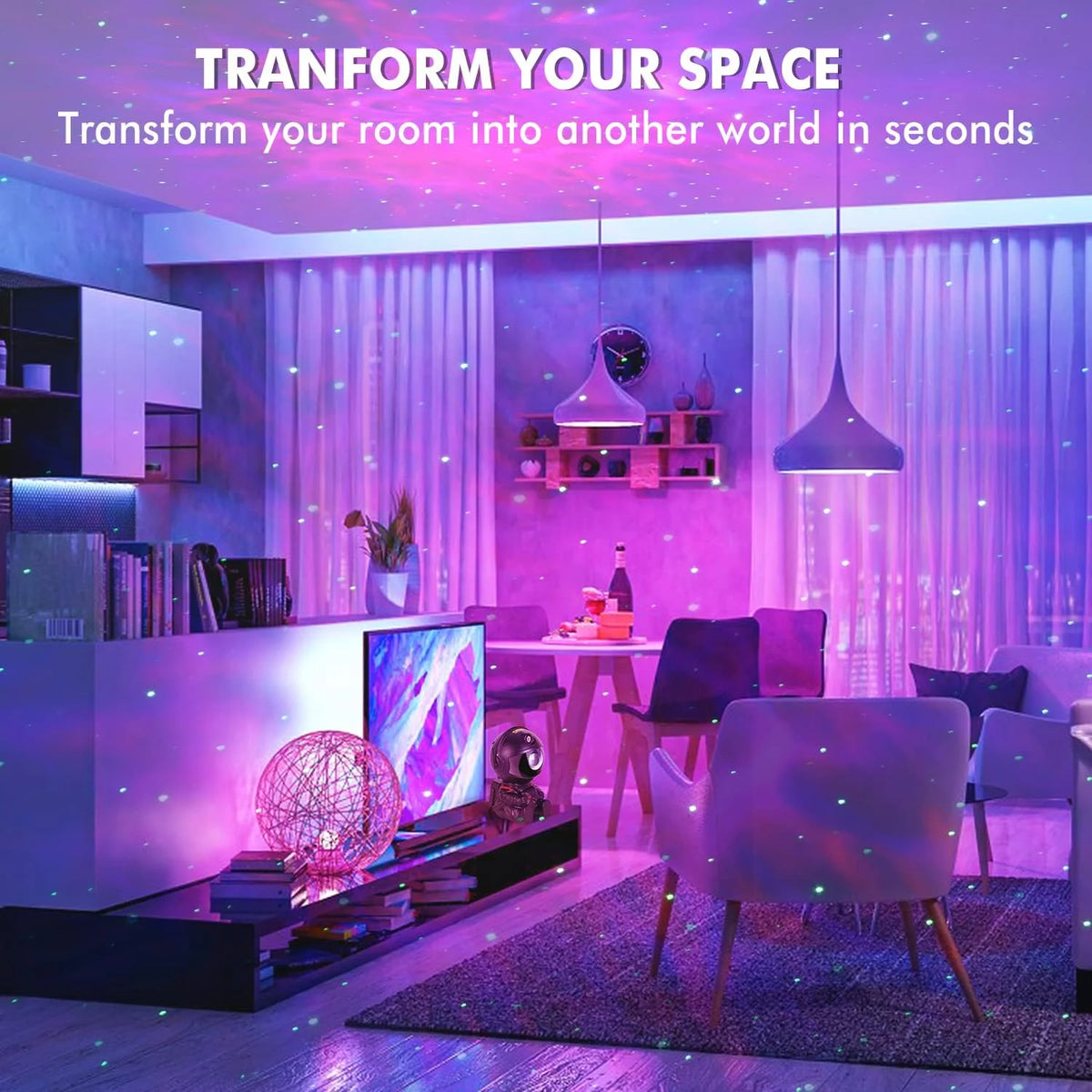 A room transformed by a projector lamp creating a purple and pink starry night light effect.