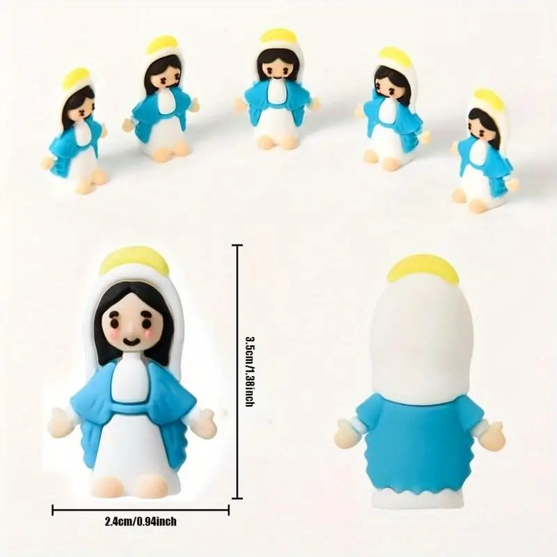 A set of mini resin statues depicting the Virgin Mary in various poses and colors.