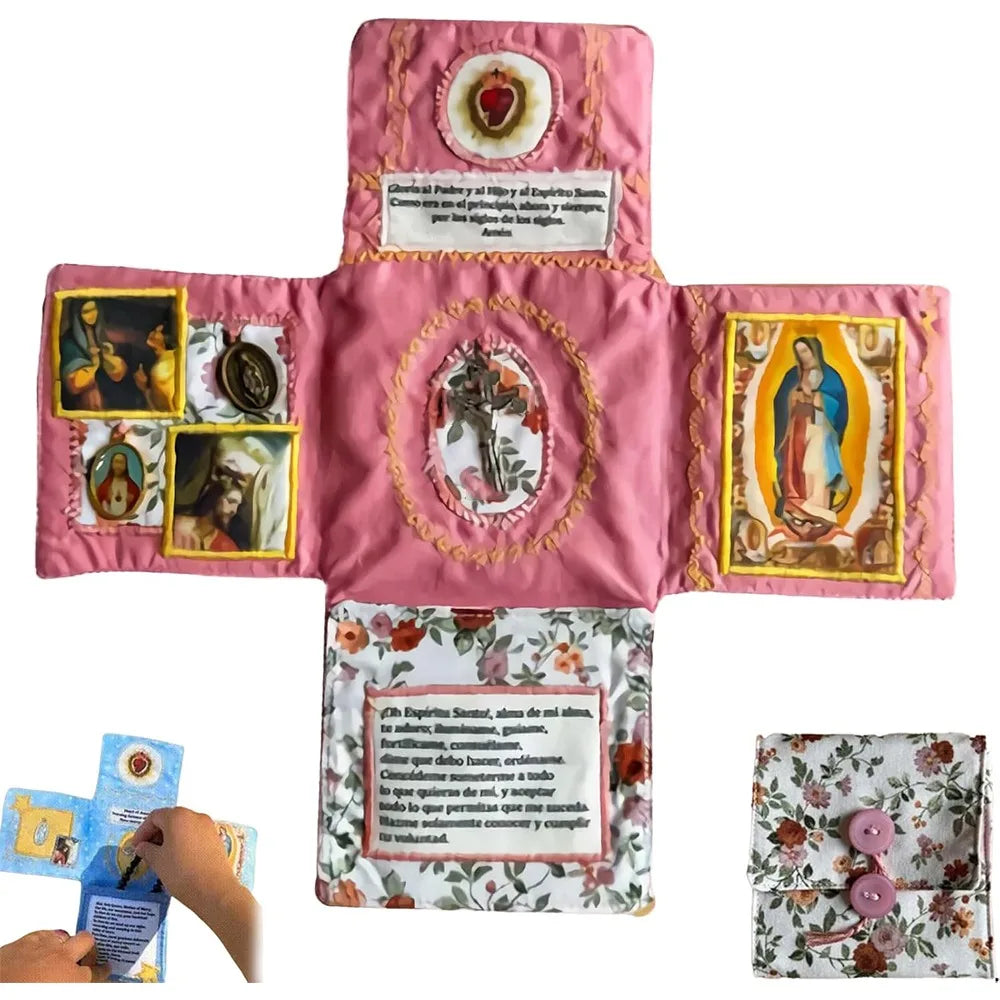 Handcrafted pocket devotional with a cross-shaped pouch featuring religious imagery on pink fabric.