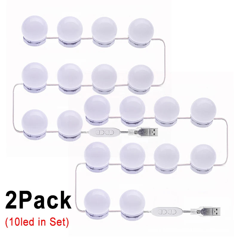 A 2 pack of LED vanity mirror lights, showing multiple round light bulbs on wires.