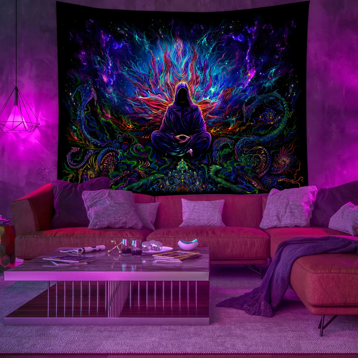 A vibrant, glowing tapestry featuring an intense purple and blue psychedelic alien design displayed on a wall.