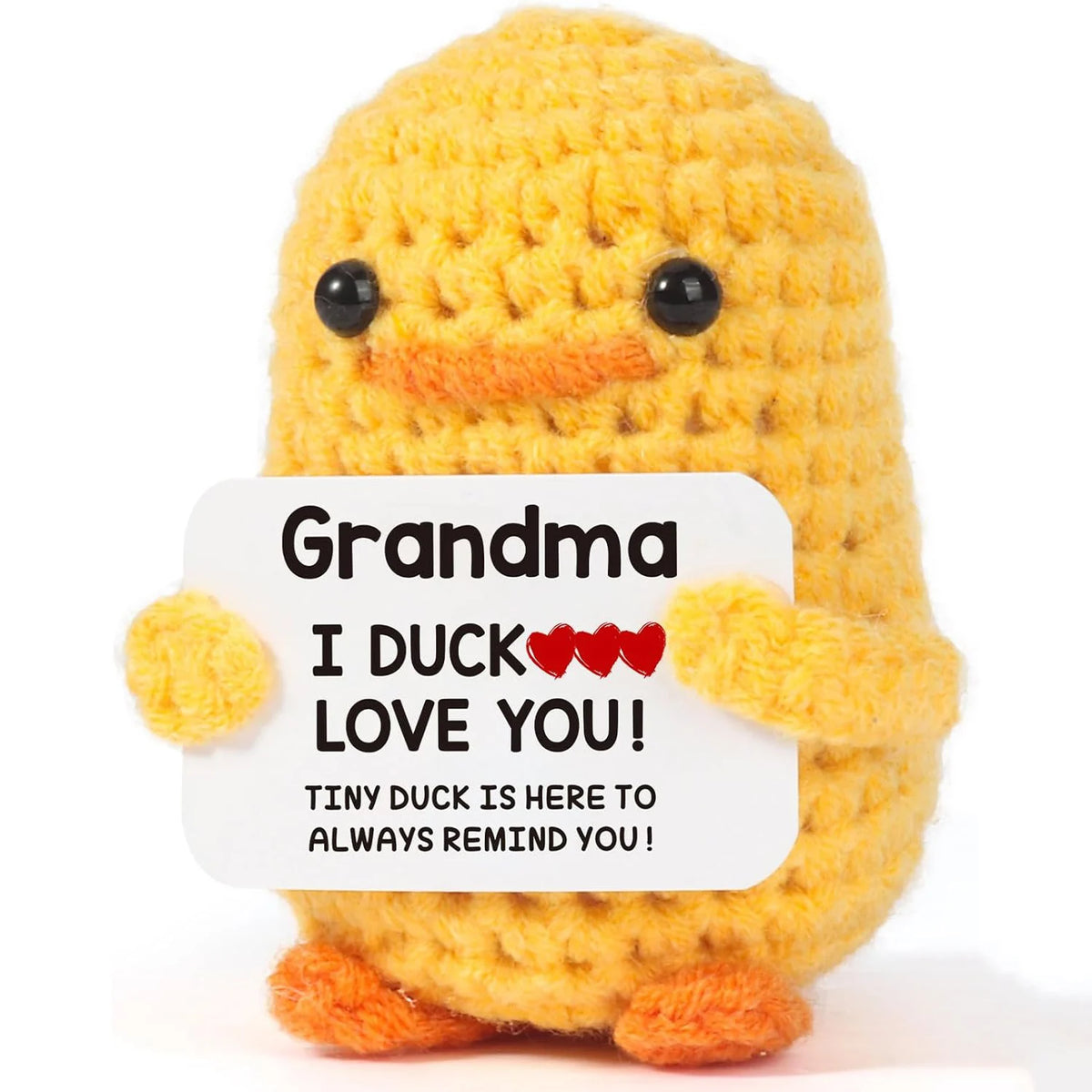 Handmade yellow knitted duck plush toy with an inspirational card that says I duck love you