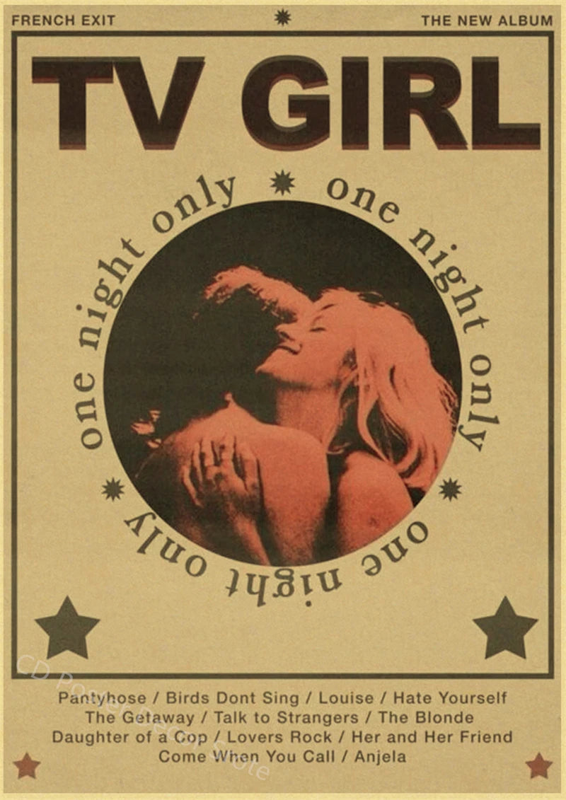 A vintage music poster for TV Girl featuring a close-up photo of two women and album track listings.