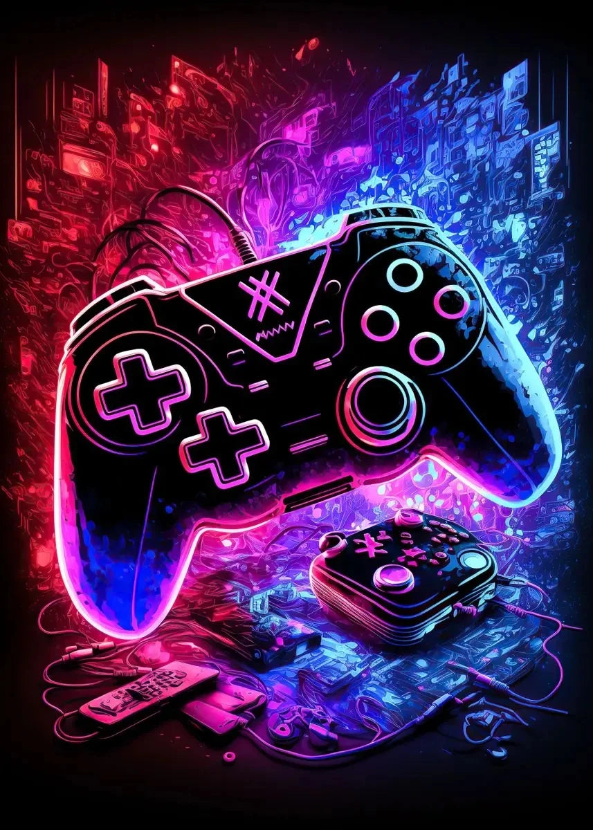 A vibrant neon pink and blue gaming controller is surrounded by various electronic accessories on a dark background.