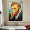 A canvas print featuring a portrait of a bearded man with intense expression against a blue and yellow background.