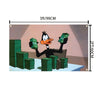 A cartoon duck character is shown holding stacks of green money on a table.