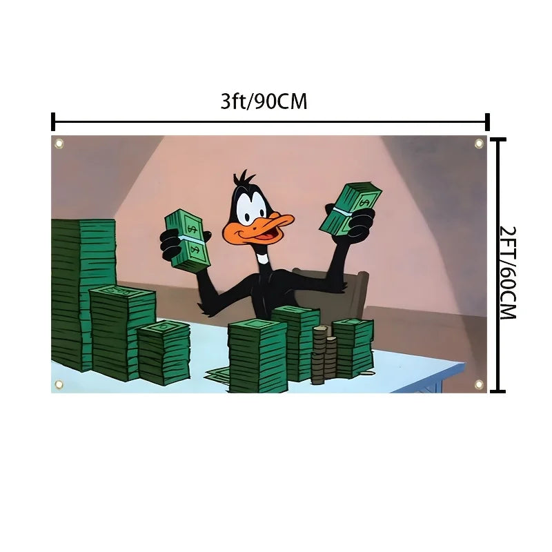 A cartoon duck character is shown holding stacks of green money on a table.