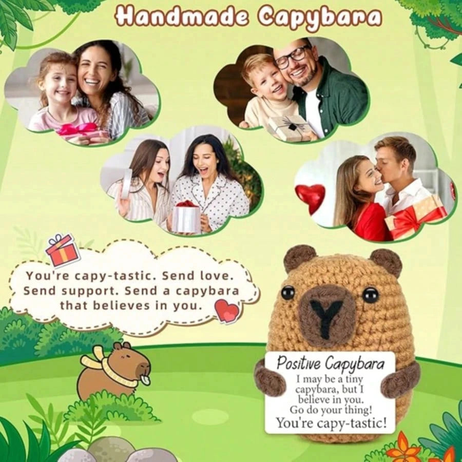 Handmade capybara plush pendant with an encouraging card featuring a positive message