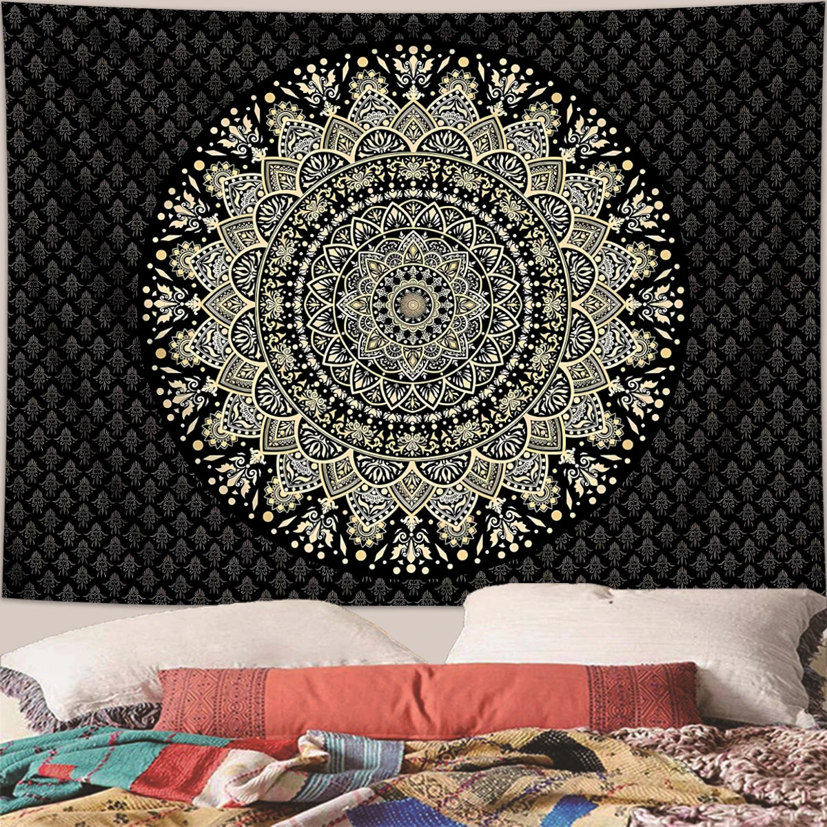 Black tapestry wall hanging featuring a detailed golden and white bohemian mandala design.