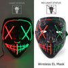 A black glowing LED mask with red, green, and white light patterns, shown in both on and off states.