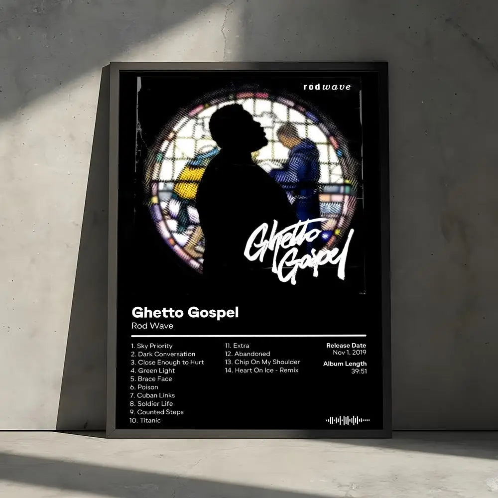Album cover art for Ghetto Gospel by Rod Wave featuring a silhouette of a person against a circular background