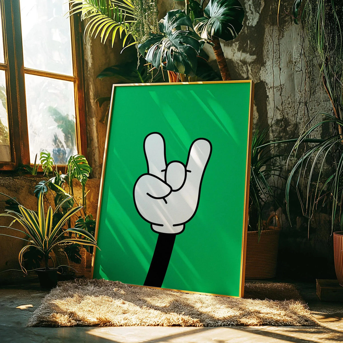Arte en lienzo verde brillante con un signo de mano blanco contra un ambiente rústico interior con plantas.
