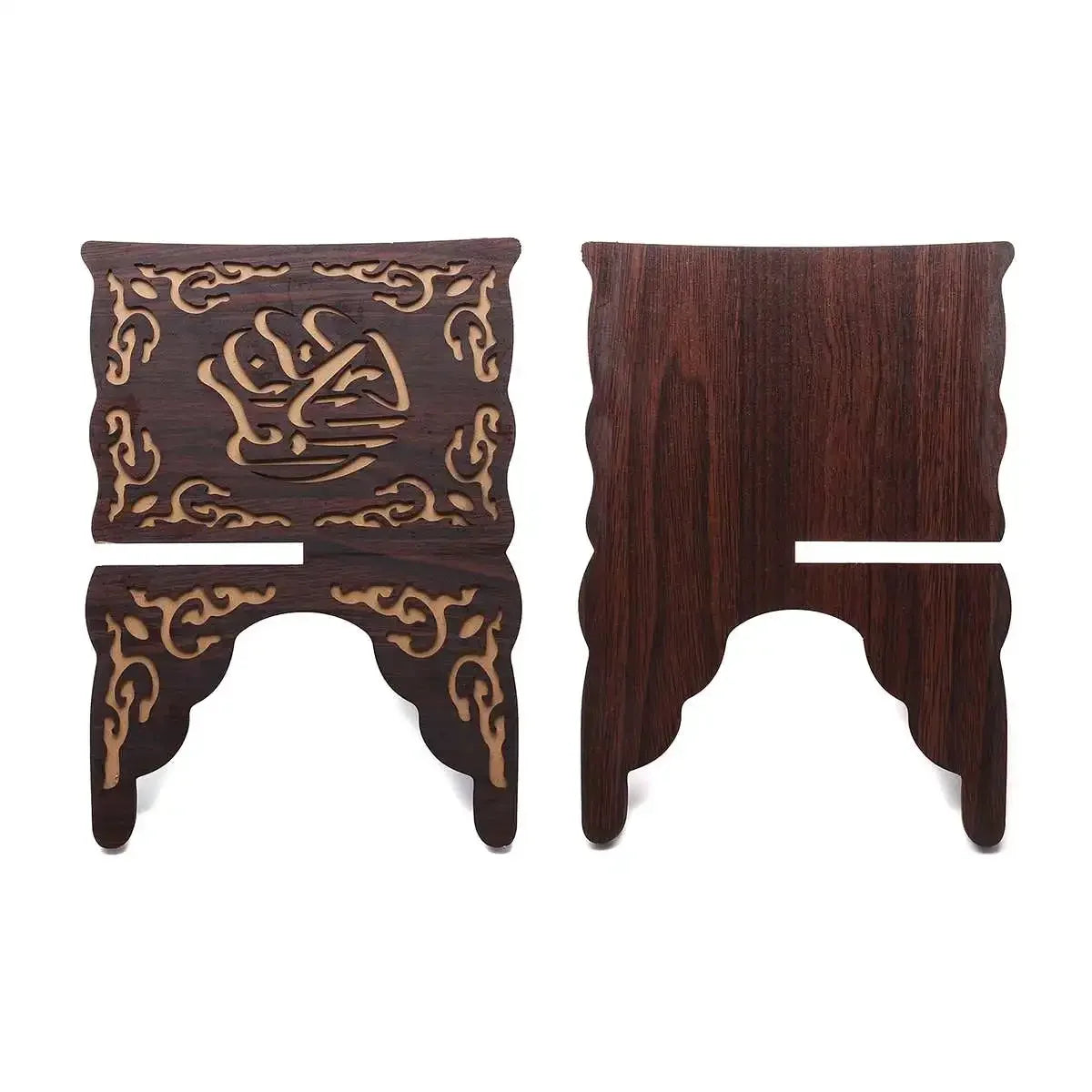 Handcrafted wooden Quran book stand with intricate arabesque design featuring dark wood carvings.