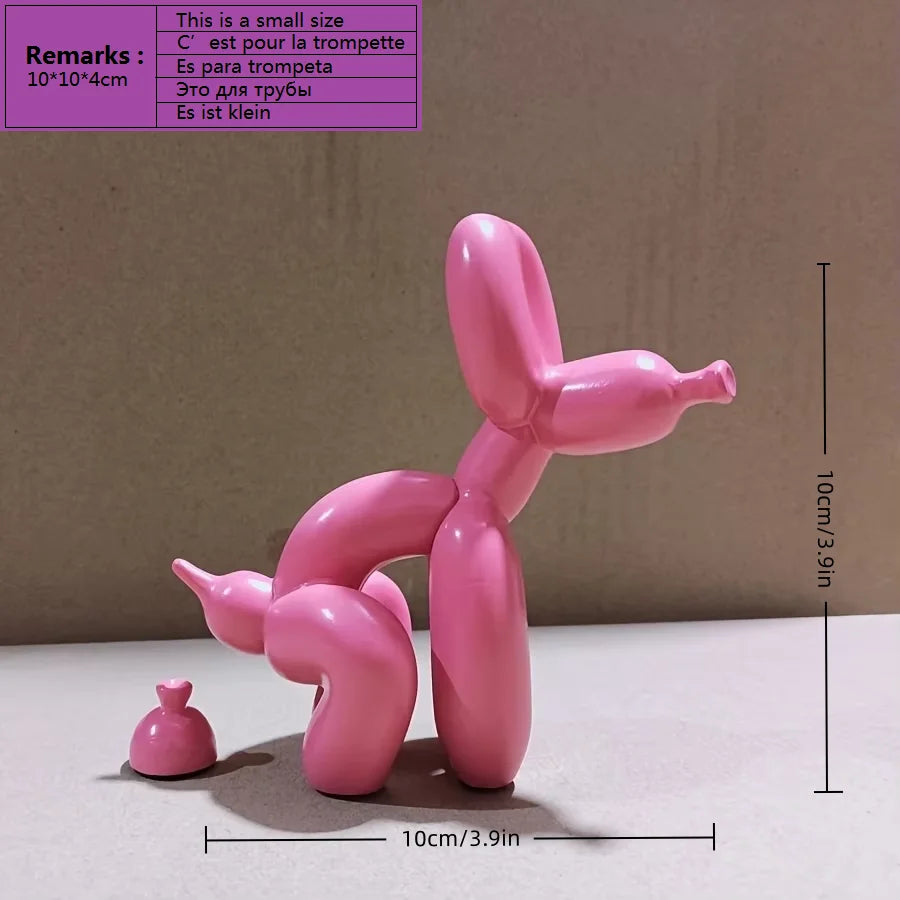 A pink, stylized balloon dog sculpture is shown against a neutral background.