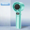A teal handheld cooling fan with a round grille and digital display is shown against a light blue background.