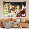 A tapestry featuring five anime characters from K-ON! in various poses and colors for bedroom decor.