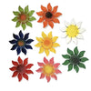 A set of nine metal flower wall decorations in various shades of orange, yellow, and green.