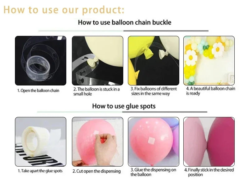 Instructions showing how to use a balloon chain buckle and glue spots for a cartoon capybara foil balloon set
