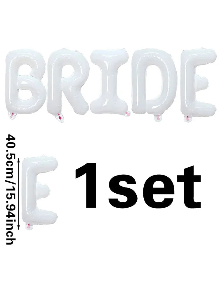 A set of white letter foil balloons spelling the word BRIDE and the letter E, measuring 40.5cm/15.94inch.